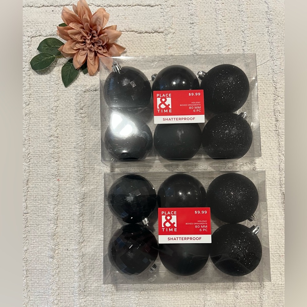 PLACE & TIME Black Shatterproof Christmas Tree Ornaments- 12pc